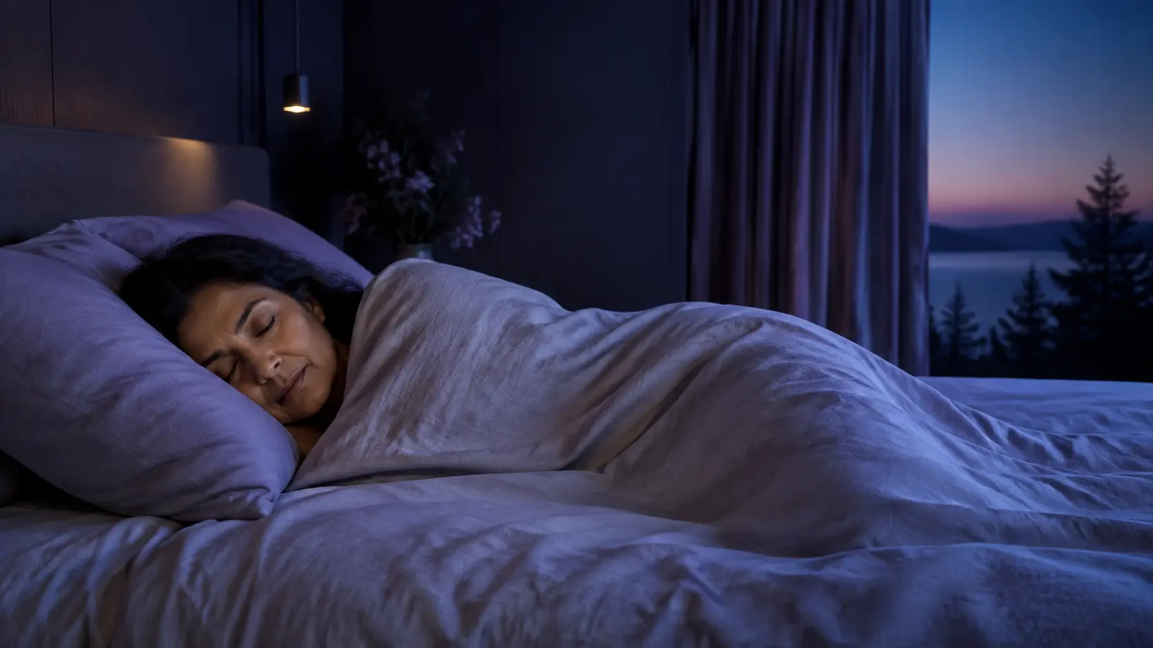 Healthy mature woman getting restorative sleep in a calm violet and blue bedroom